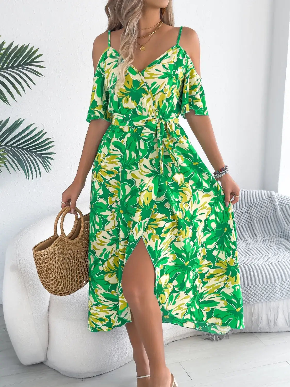 Printed Cold Shoulder Midi Cami Dress - Trendsi - Flyclothing LLC