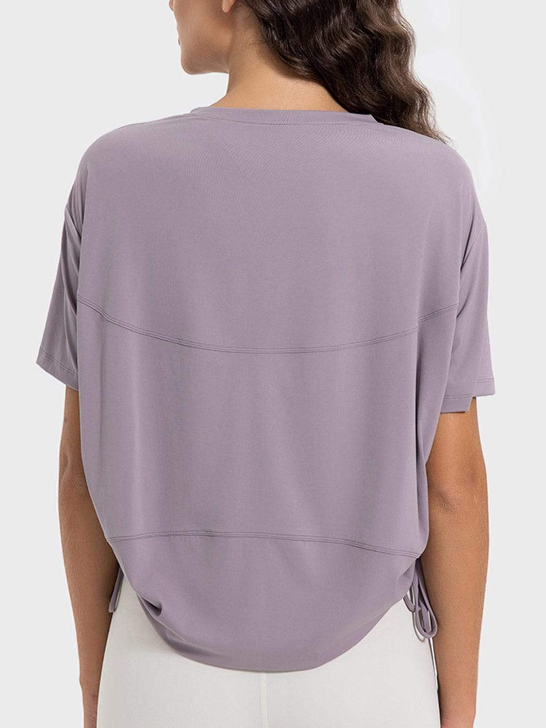 Drawstring Round Neck Short Sleeve Active T-Shirt - Trendsi - Flyclothing LLC