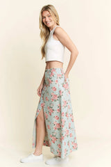 Jade By Jane Full Size Floral Print Front Slit Denim Maxi Skirt Plus Size - Trendsi - Flyclothing LLC