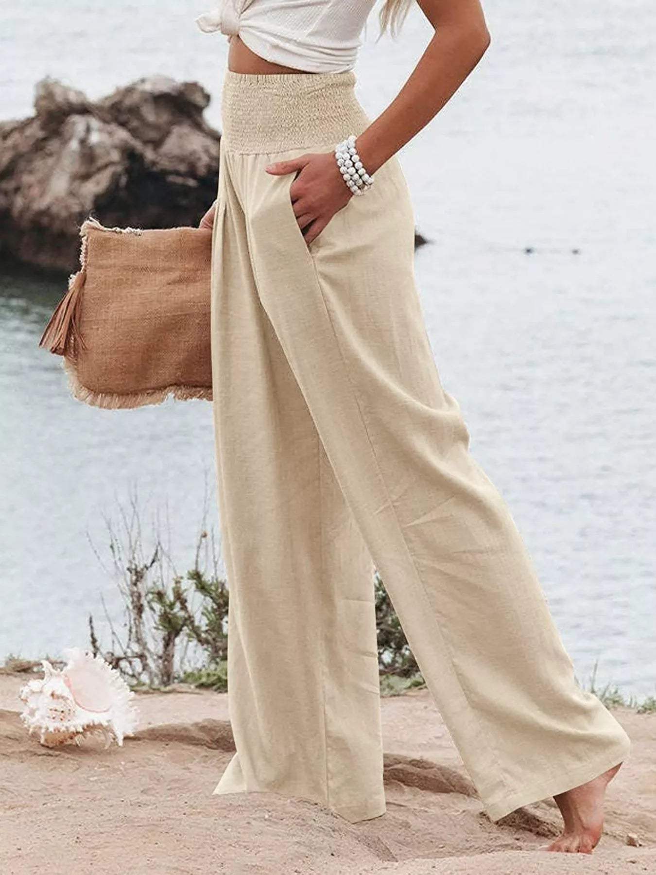 Smocked High Waisted Wide Leg Pants - Trendsi - Flyclothing LLC