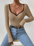 Contrast Trim Long Sleeve Knit Top - Trendsi - Flyclothing LLC