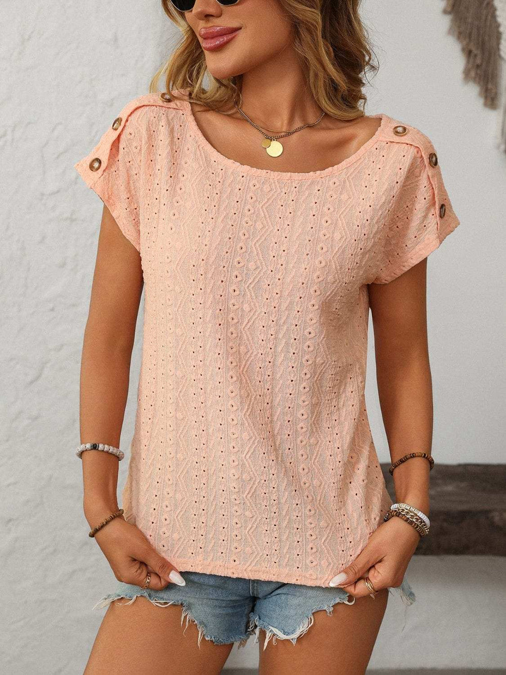 Mandy Eyelet Round Neck Short Sleeve Top - Trendsi - Flyclothing LLC