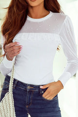 Pearl Decor Mesh Patchwork Ribbed Long Sleeve Top - Trendsi - Flyclothing LLC