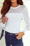 Pearl Decor Mesh Patchwork Ribbed Long Sleeve Top - Trendsi