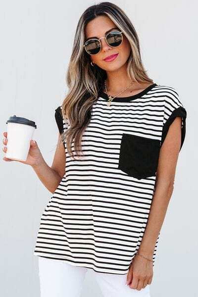 Striped Round Neck Cap Sleeve Top - Trendsi - Flyclothing LLC