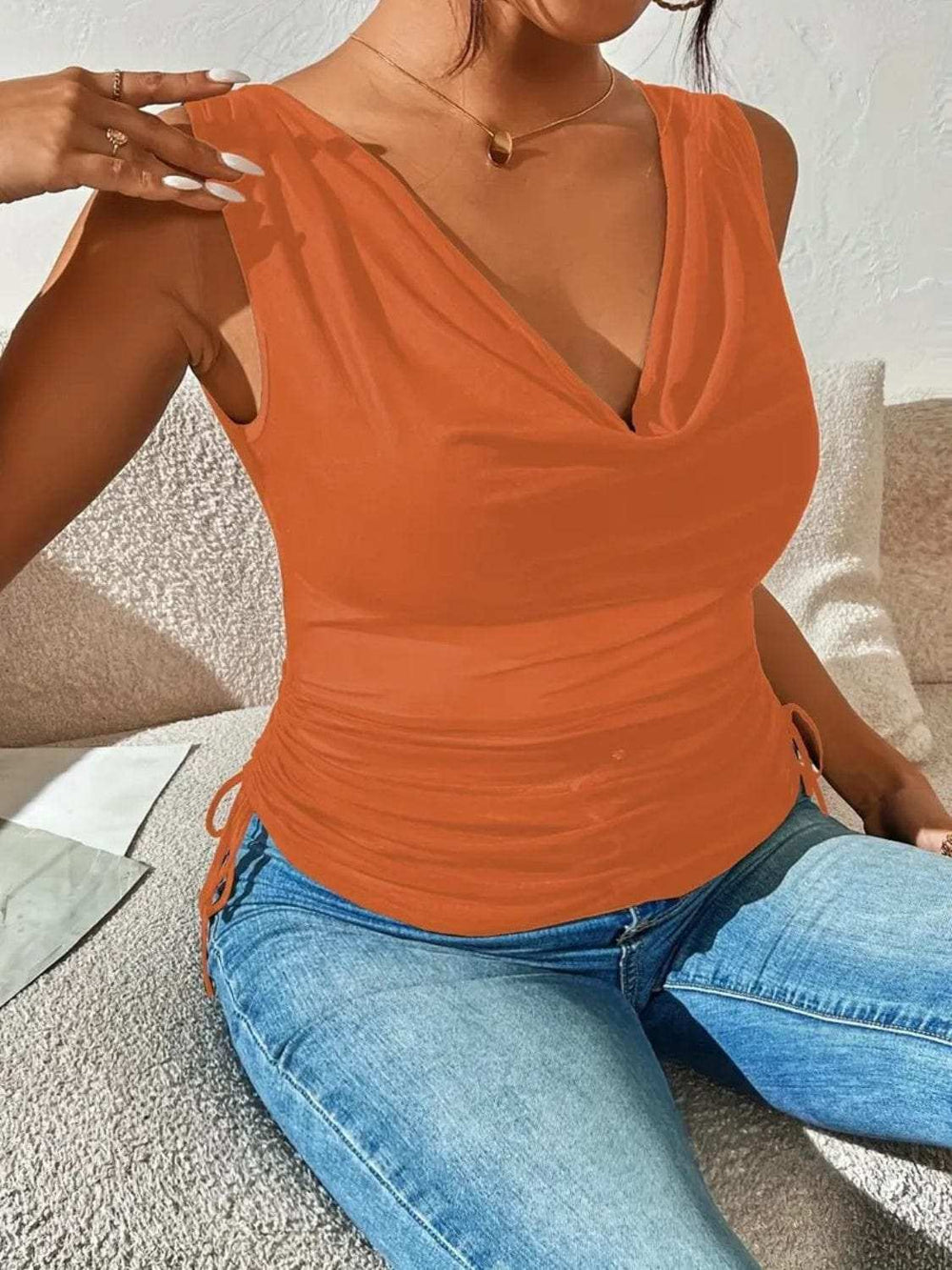 Side Drawstring Ruched Tank - Trendsi - Flyclothing LLC