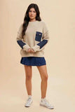 Annie Wear Contrast Round Neck Drop Shoulder Sweater with Patch Pocket - Trendsi - Flyclothing LLC
