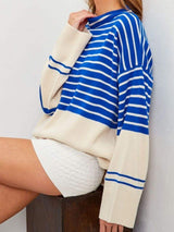 Striped Mock Neck Long Sleeve Sweater - Trendsi - Flyclothing LLC