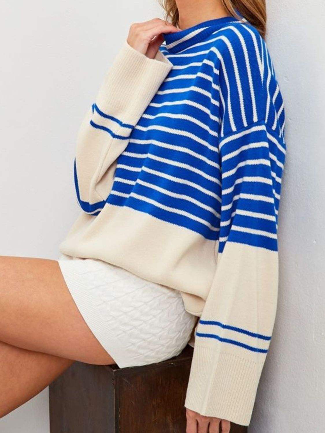 Striped Mock Neck Long Sleeve Sweater - Trendsi - Flyclothing LLC