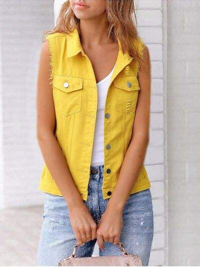 Full Size Button Down Raw Hem Sleeveless Denim Jacket Plus Size - Trendsi - Flyclothing LLC