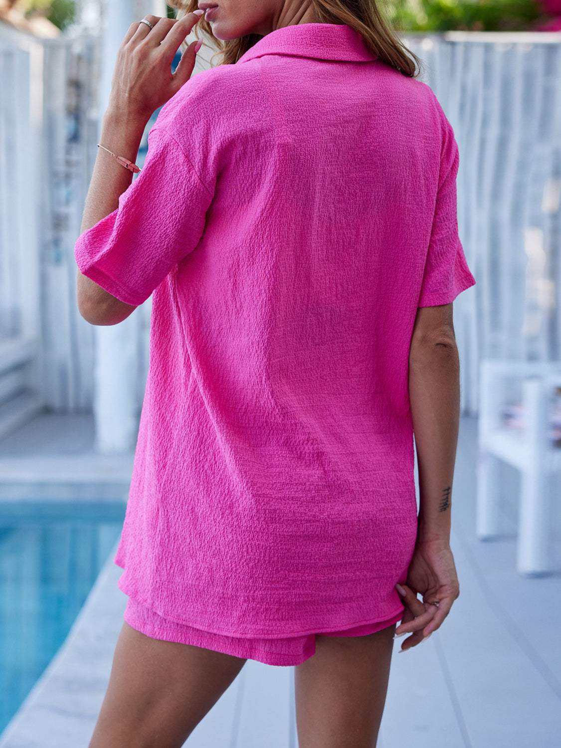 Button Up Half Sleeve Top and Shorts Set - Trendsi - Flyclothing LLC