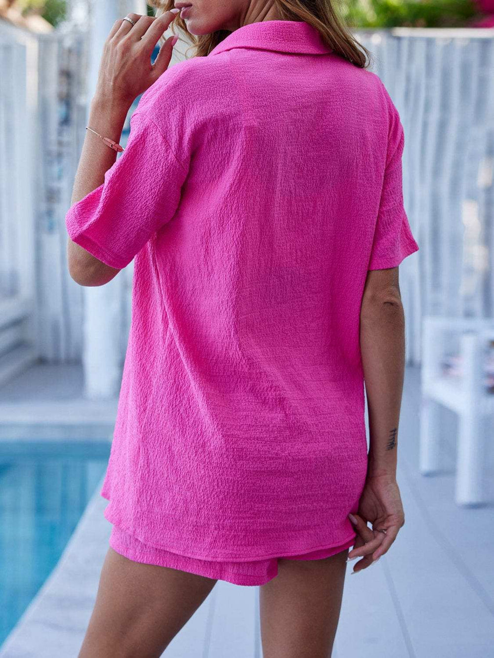 Button Up Half Sleeve Top and Shorts Set - Trendsi - Flyclothing LLC