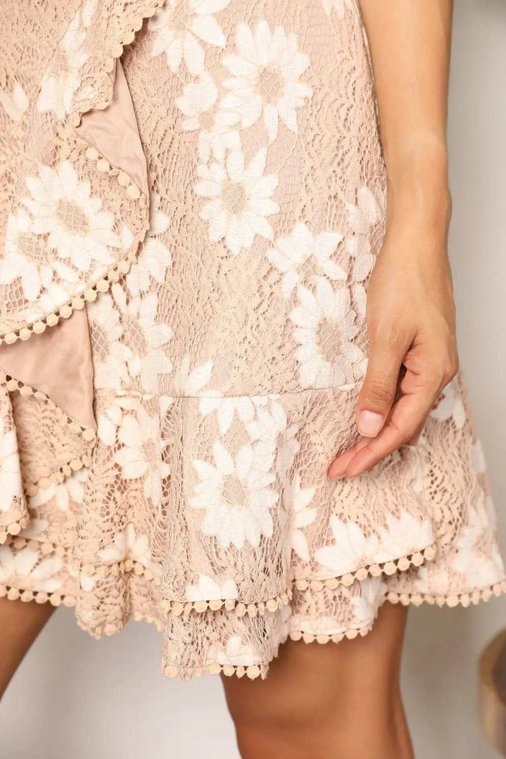 Double Take Floral Lace Pompom Detail Tie-Waist Flutter Sleeve Dress - Trendsi - Flyclothing LLC