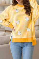 Stripe Halloween Ghost Patch Round Neck Long Sleeve Top - Trendsi - Flyclothing LLC