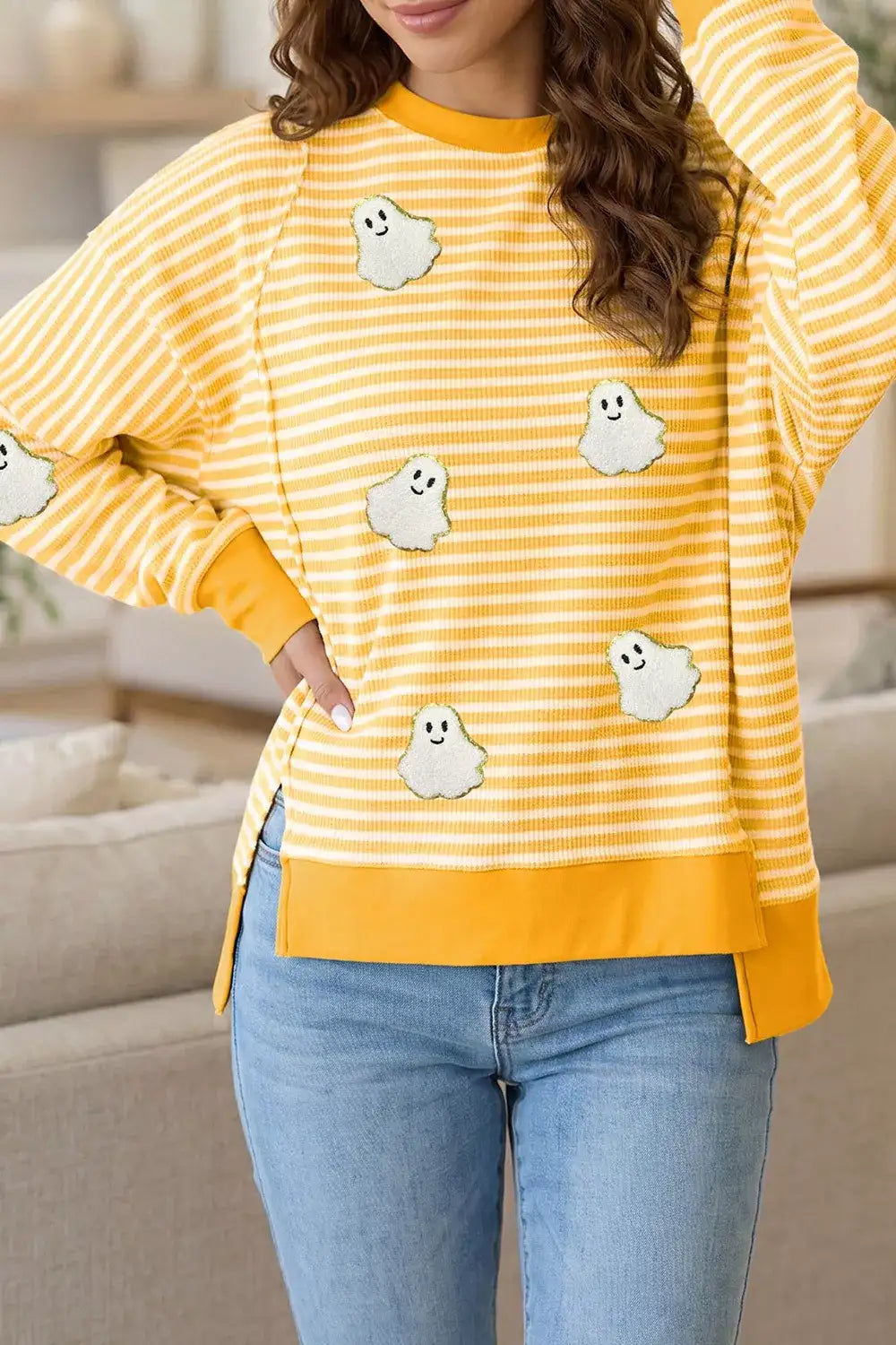 Stripe Halloween Ghost Patch Round Neck Long Sleeve Top - Trendsi - Flyclothing LLC