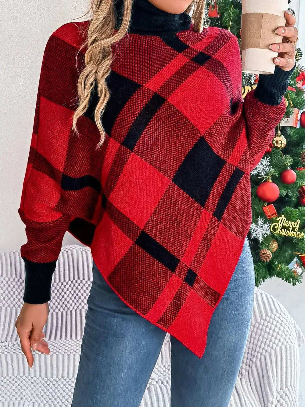 Plaid Turtleneck Batwing Sleeve Sweater - Trendsi - Flyclothing LLC