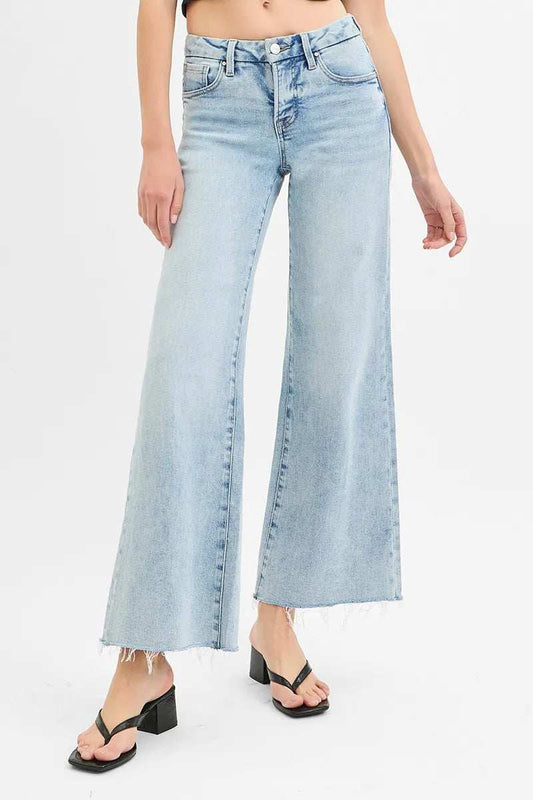 RISEN Full Size Tummy Control Low Rise Wide Leg Raw Cut Hem Jeans Plus Size - Trendsi - Flyclothing LLC