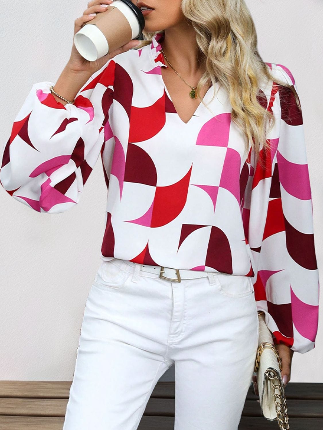 Frill Notched Long Sleeve Blouse - Trendsi
