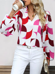 Frill Notched Long Sleeve Blouse - Trendsi