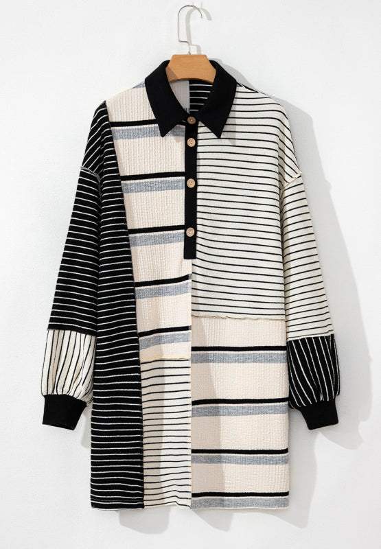 Striped Patchwork Long Sleeve Mini Dress - Trendsi - Flyclothing LLC