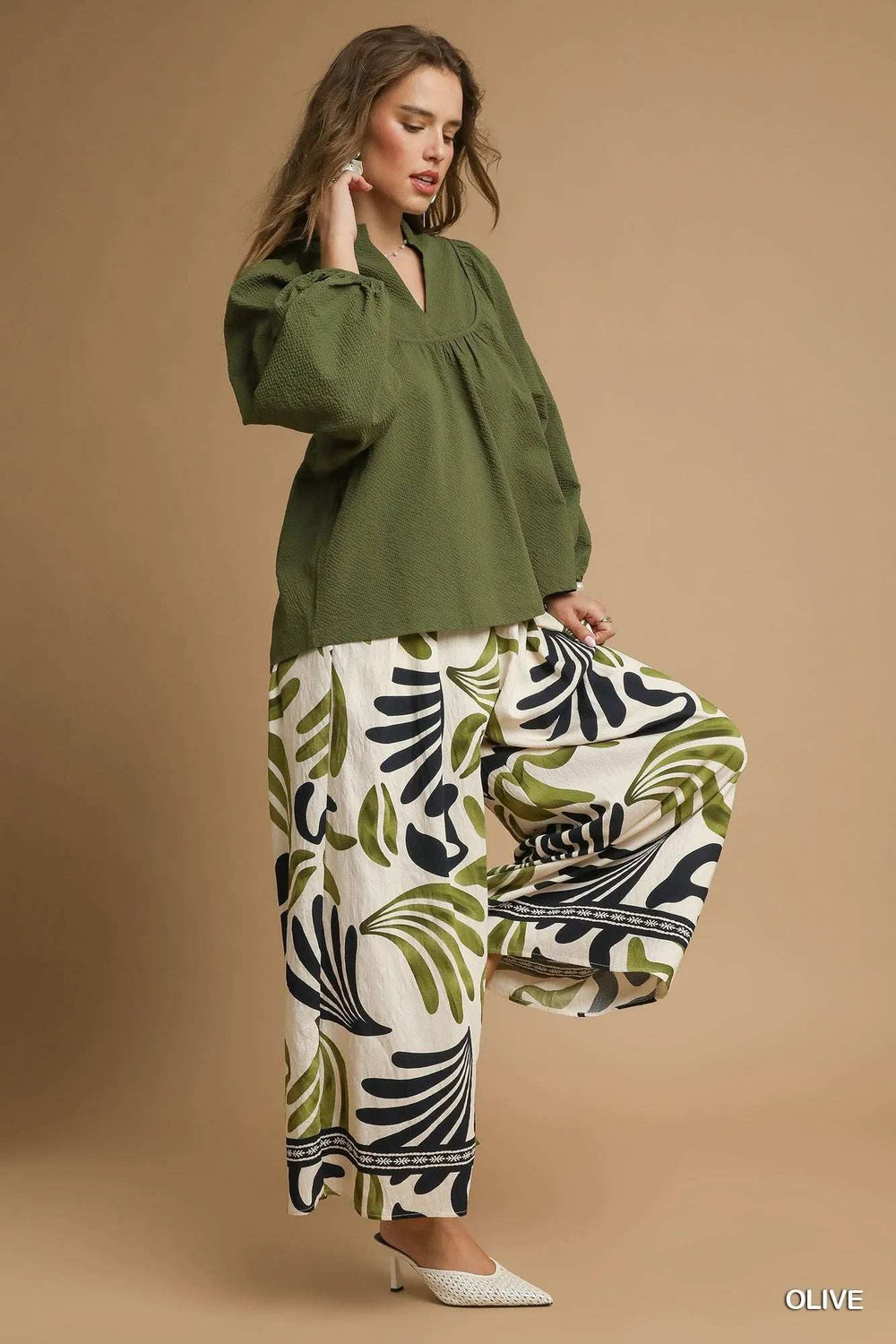 Umgee Textured Notched Blouse with Balloon Sleeves - Trendsi - Flyclothing LLC