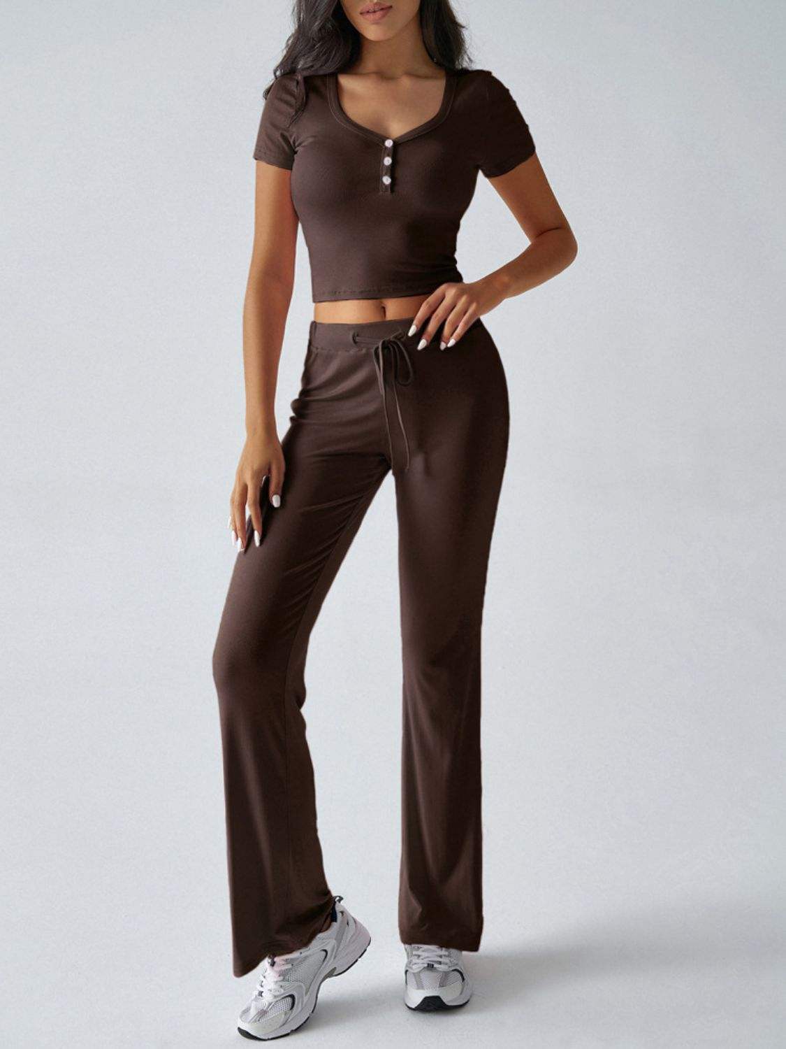 Devine Short Sleeve Top and Drawstring Pants Set - Trendsi - Flyclothing LLC