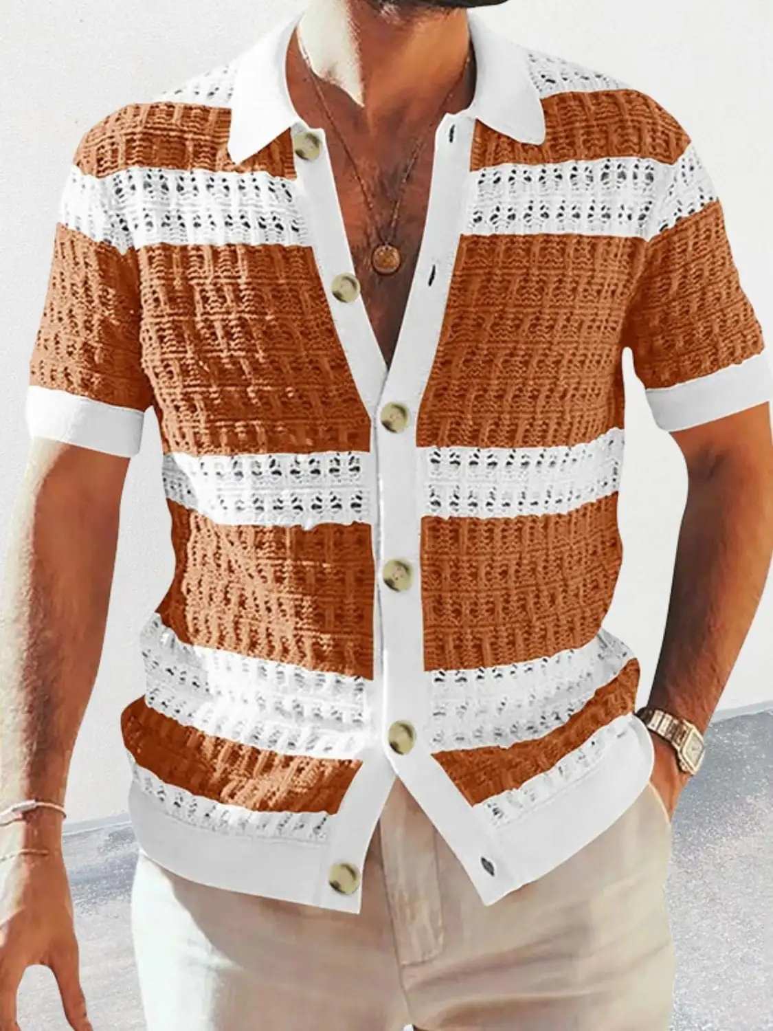 Men's Button Down Collared Neck Contrast Openwork Shirt - Trendsi - Flyclothing LLC