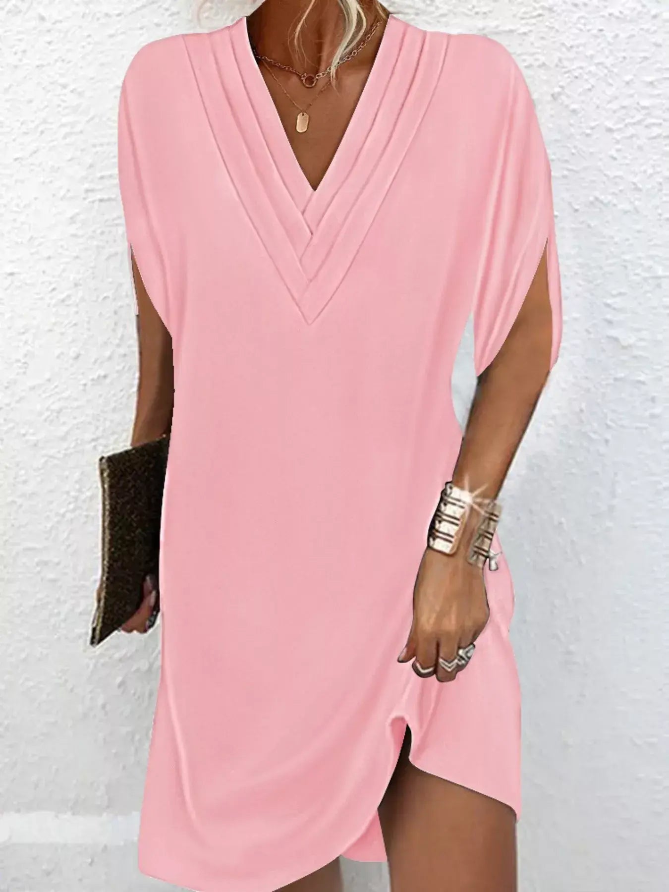 Full Size V-Neck Slit Sleeve Mini Dress Plus Size - Trendsi - Flyclothing LLC