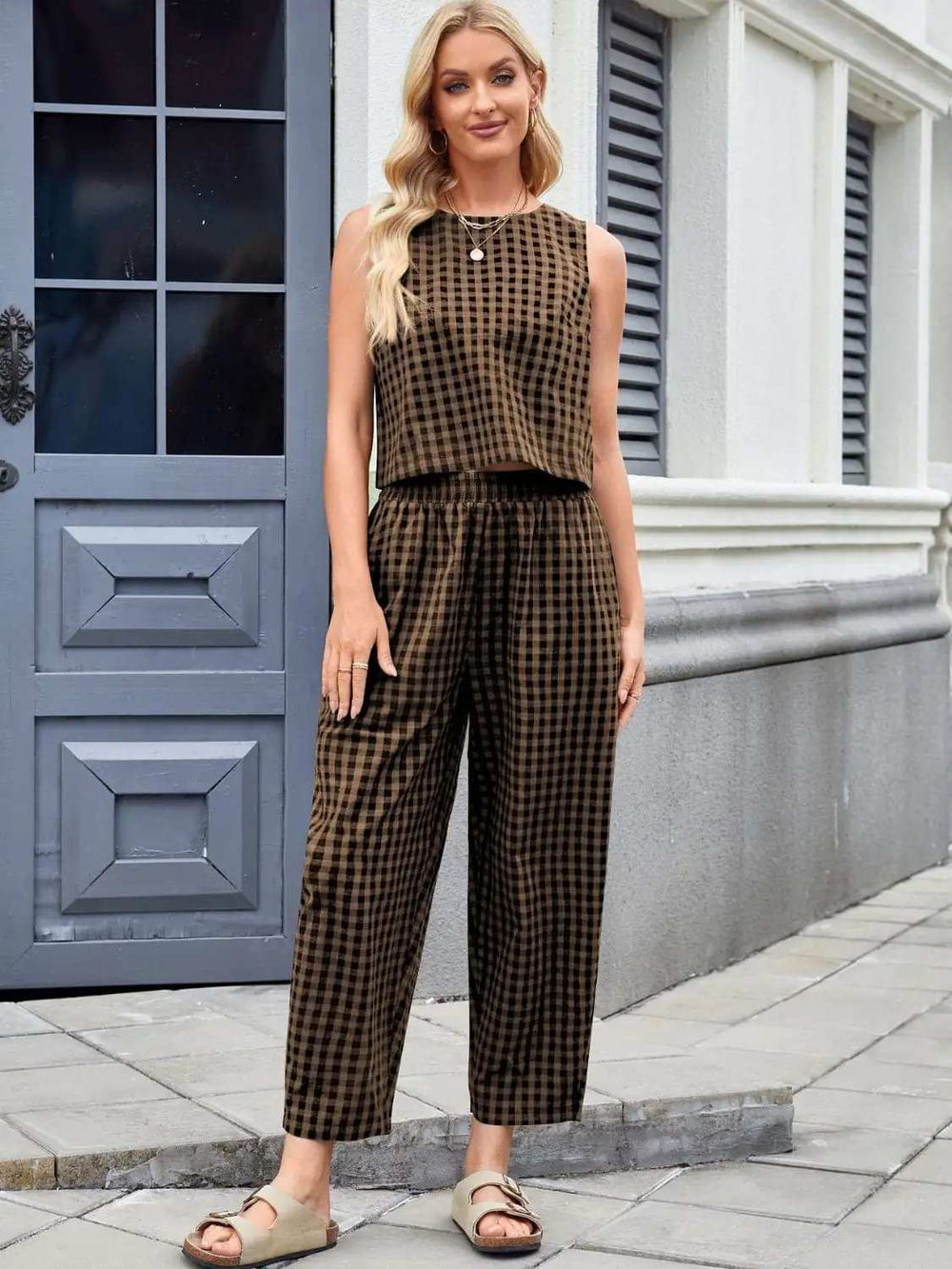 Plaid Sleeveless Top and Pants Set - Trendsi - Flyclothing LLC