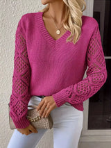 V-Neck Crochet Sleeve Sweater - Trendsi - Flyclothing LLC