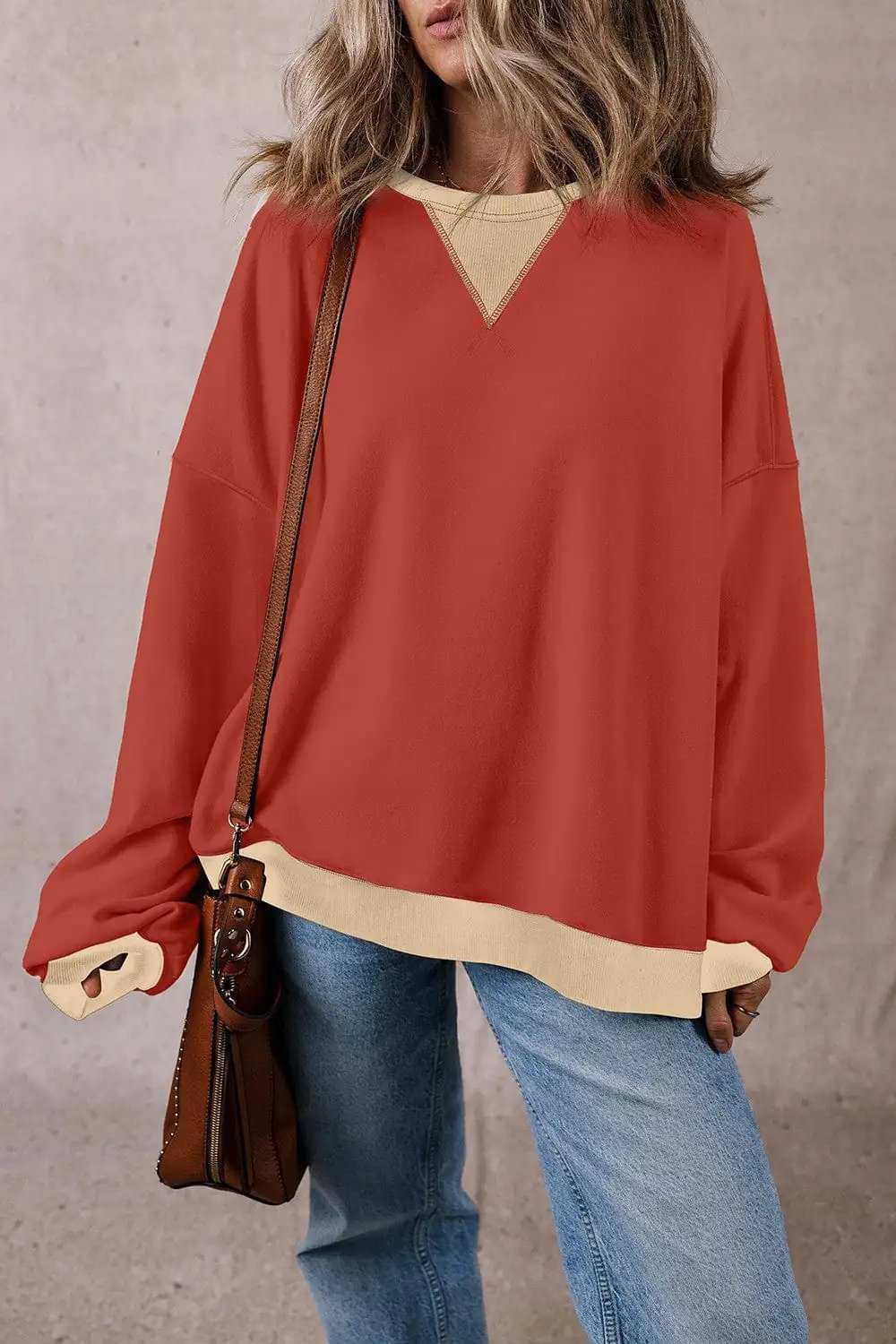 Contrast Round Neck Long Sleeve Sweatshirt - Trendsi - Flyclothing LLC