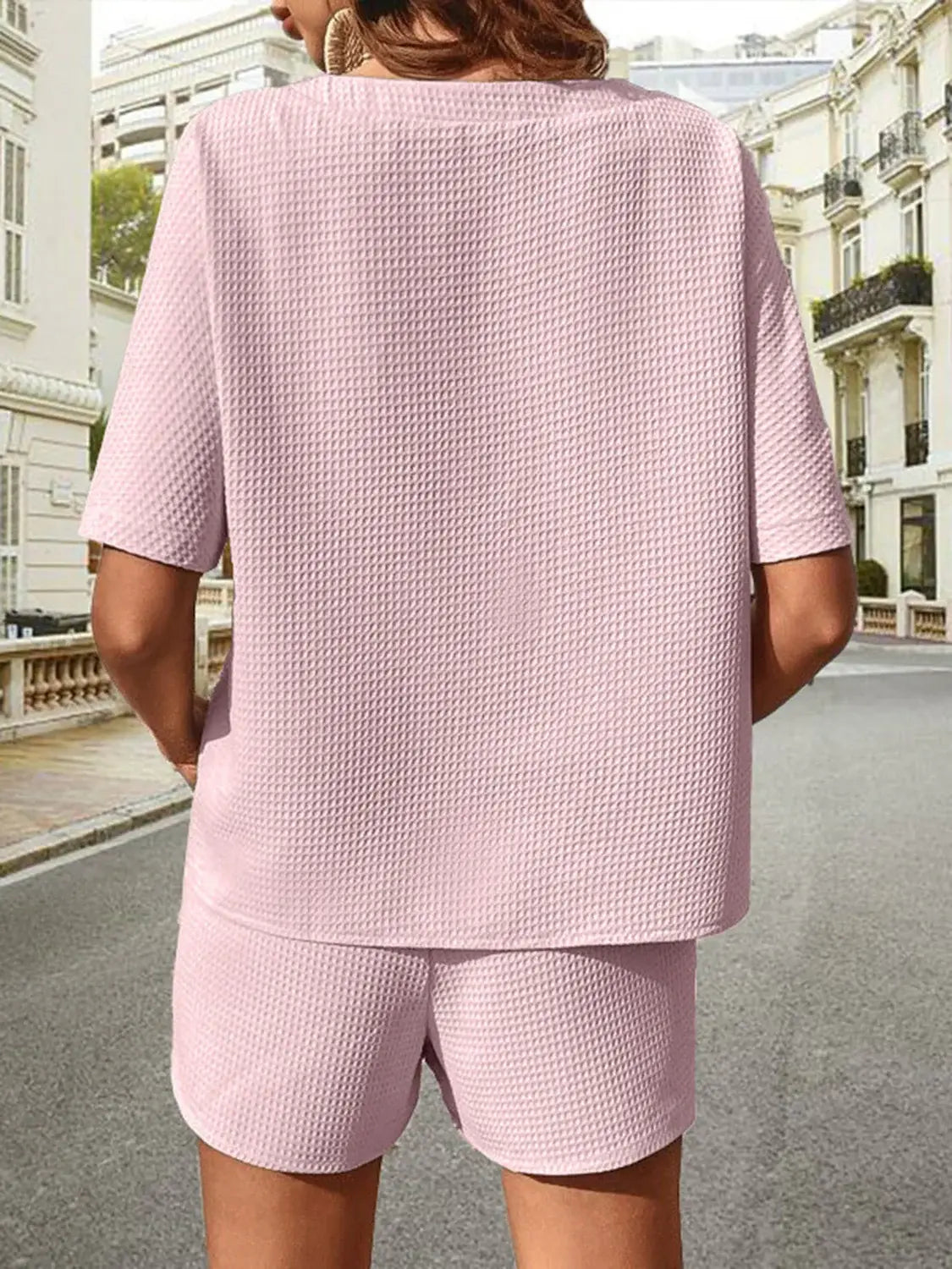 Waffle-Knit Half Sleeve Top and Shorts Set - Trendsi - Flyclothing LLC