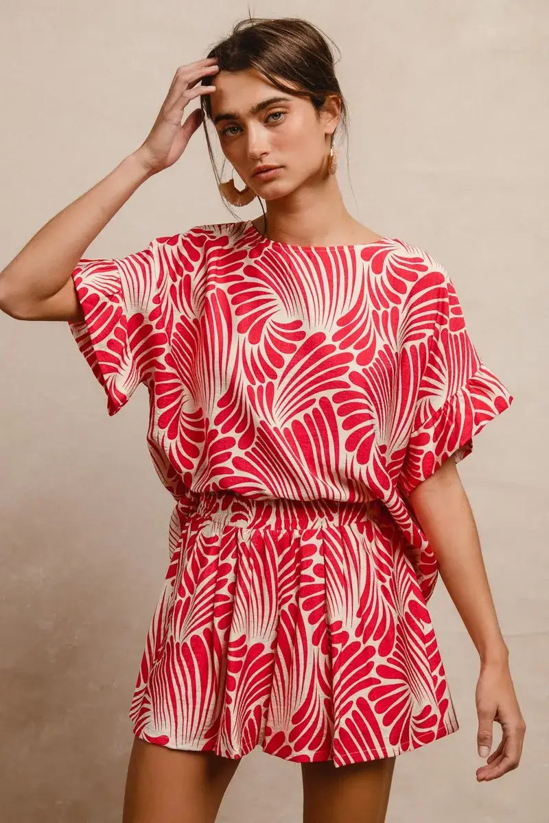 BiBi Print Woven Ruffled Sleeves Top - Trendsi - Flyclothing LLC