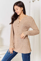 Double Take Notched Neck Ribbed Long Sleeve T-Shirt - Trendsi - Flyclothing LLC