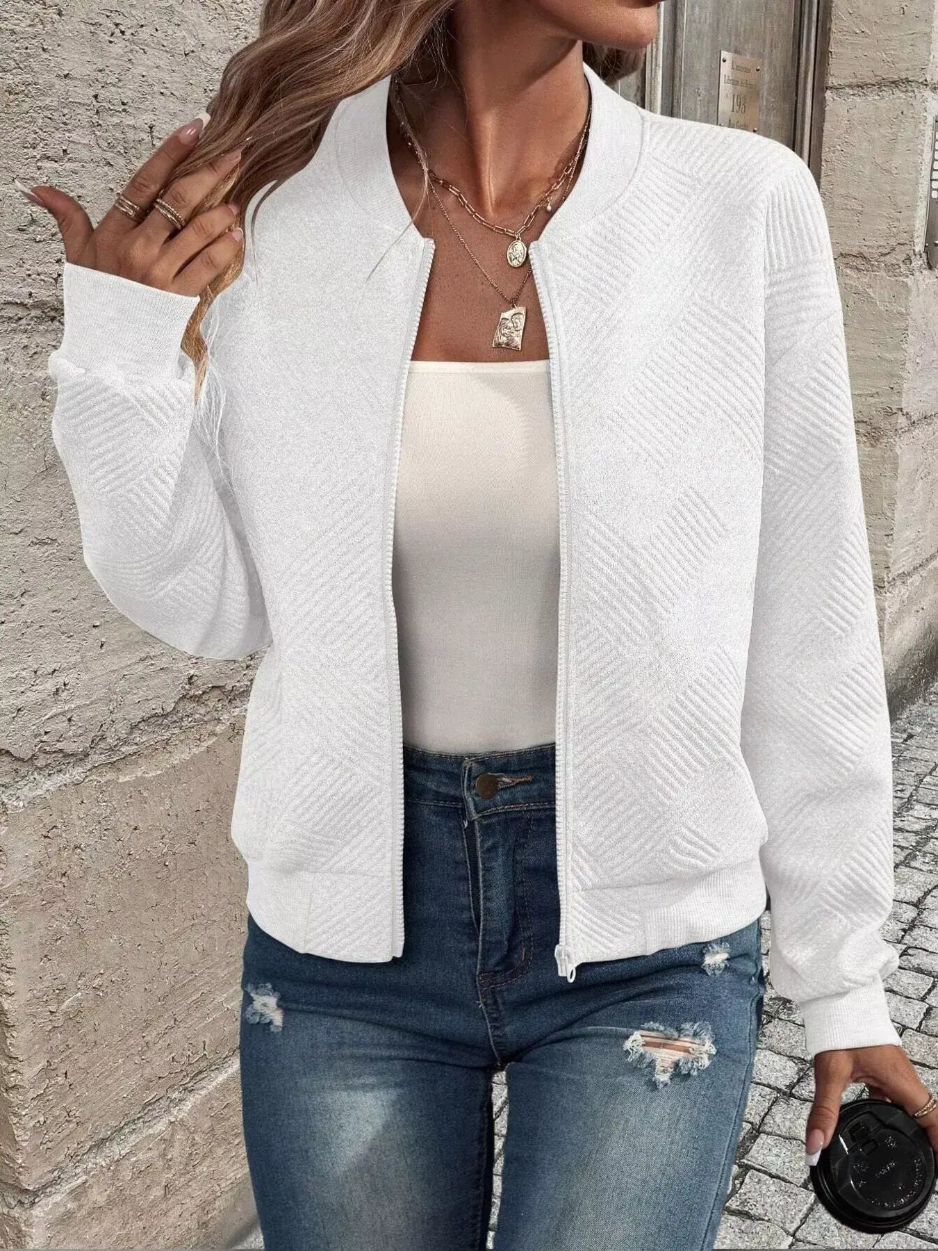 Texture Zip-Up Bomber Jacket - Trendsi - Flyclothing LLC