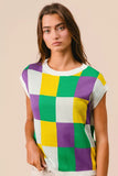 BiBi Mardi Gras Checker Pattern Sleeveless Sweater Top - Trendsi - Flyclothing LLC