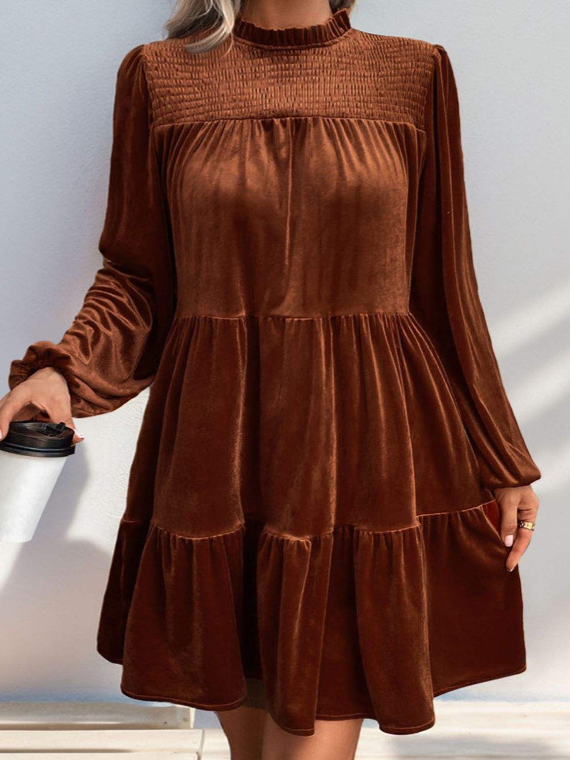 Perfee Tiered Ruched Mock Neck Long Sleeve Dress - Trendsi - Flyclothing LLC