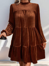 Perfee Tiered Ruched Mock Neck Long Sleeve Dress - Trendsi - Flyclothing LLC