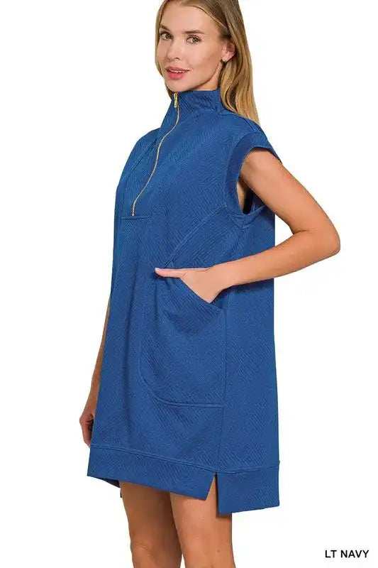 Zenana Textured Knit Jacquard Quarter Zipper Mini Dress - Trendsi - Flyclothing LLC