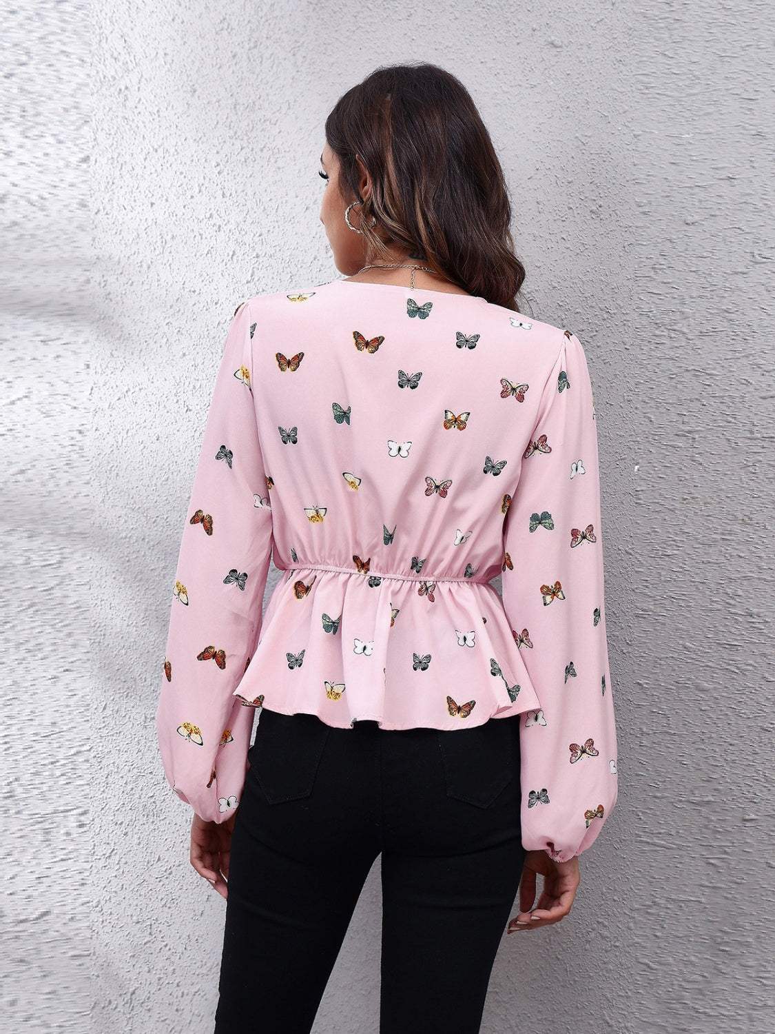 Printed V-Neck Long Sleeve Blouse - Trendsi - Flyclothing LLC