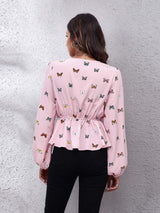 Printed V-Neck Long Sleeve Blouse - Trendsi - Flyclothing LLC