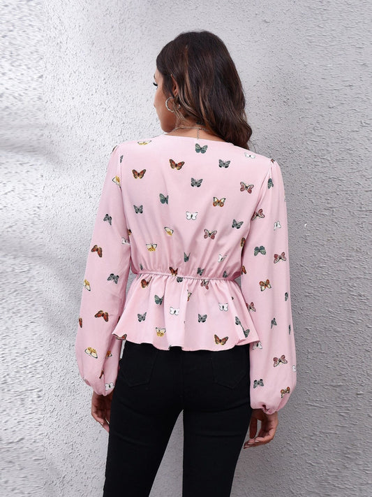 Printed V-Neck Long Sleeve Blouse - Trendsi