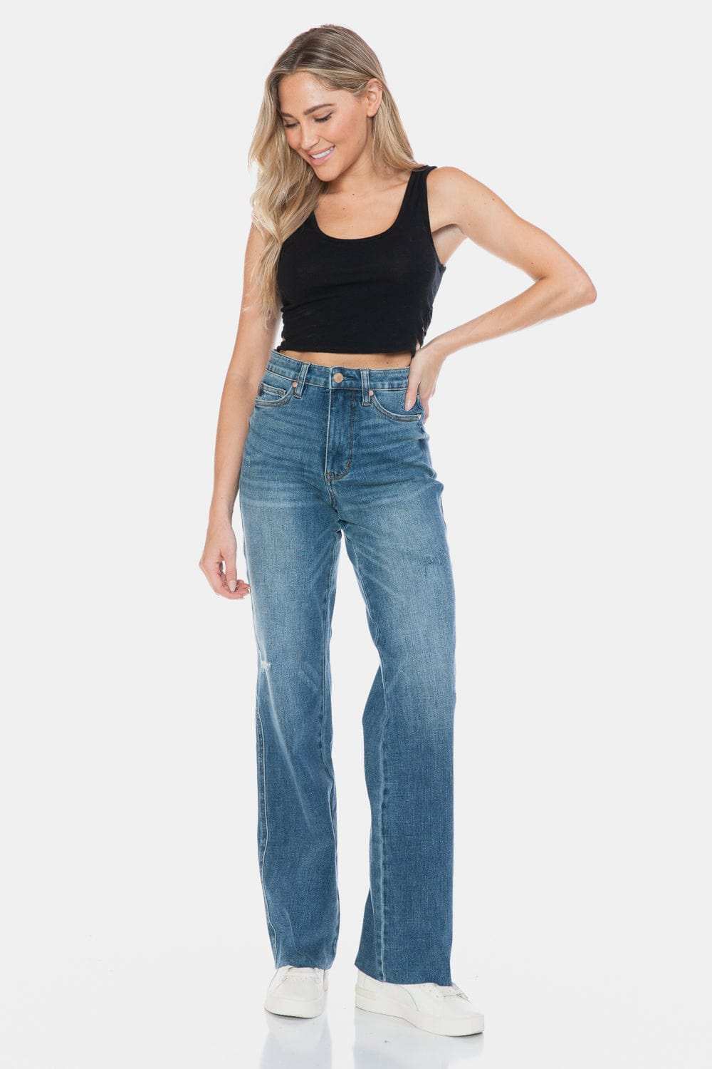 Judy Blue Full Size Tummy Control Cut Raw Hem Straight Jeans - Trendsi - Flyclothing LLC
