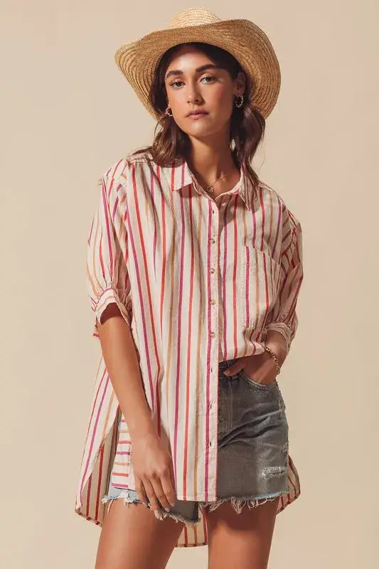 SO ME Multicolored Stripe Button Down Shirt - Trendsi - Flyclothing LLC