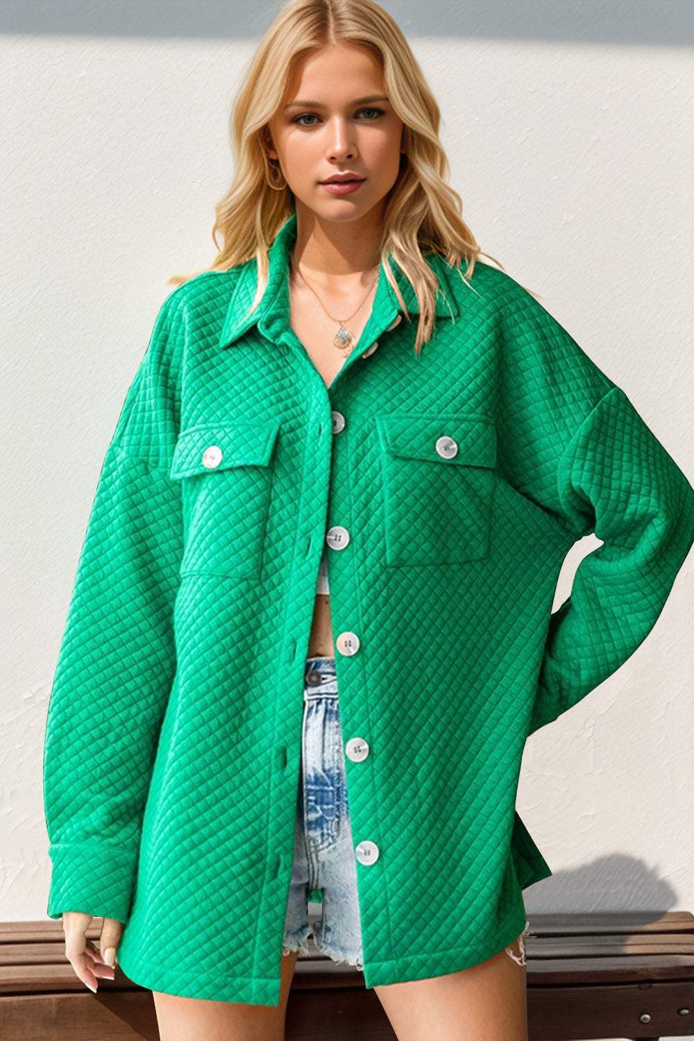 Double Take Full Size Textured Button Up Drop Shoulder Shacket - Trendsi - Flyclothing LLC