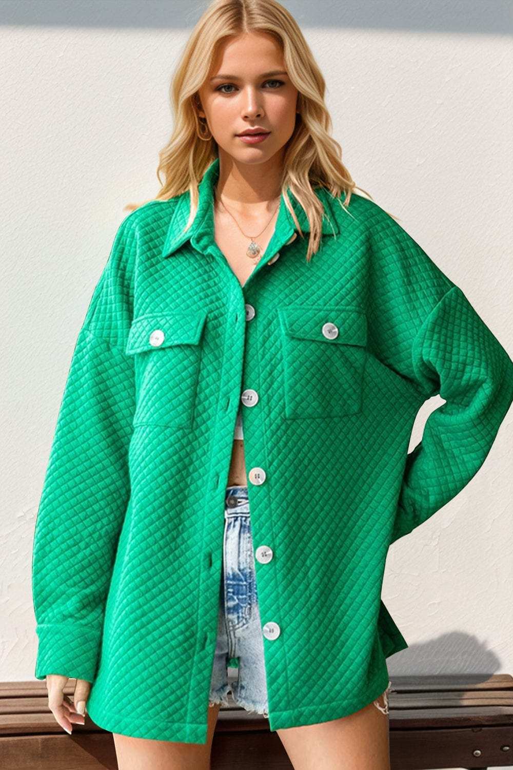 Double Take Full Size Textured Button Up Drop Shoulder Shacket - Trendsi - Flyclothing LLC