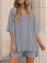 Full Size Casual Loose V-Neck T-Shirt & Shorts Set Plus Size - Trendsi - Flyclothing LLC