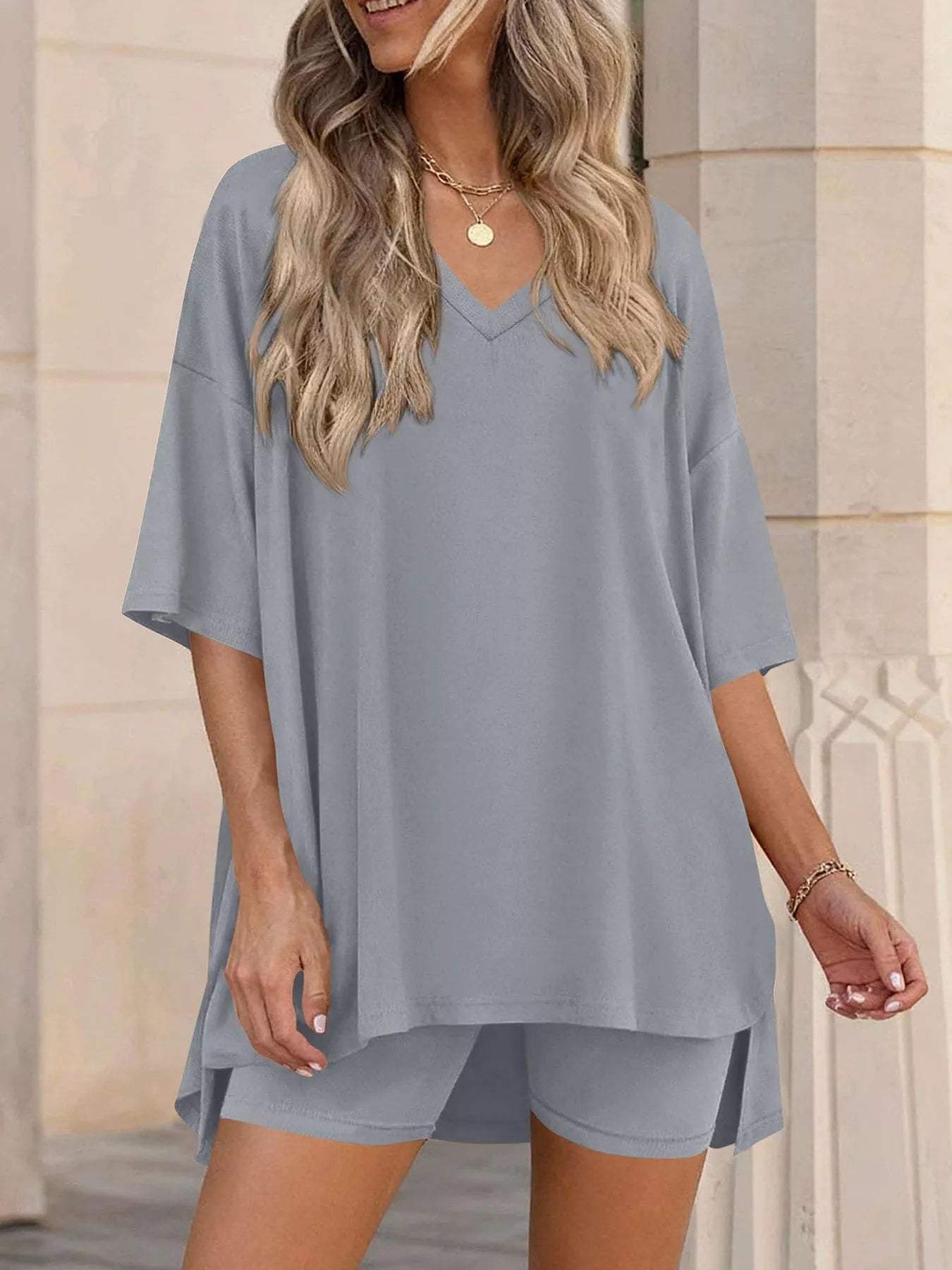 Full Size Casual Loose V-Neck T-Shirt & Shorts Set Plus Size - Trendsi - Flyclothing LLC