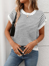 Striped Round Neck Short Sleeve Knit Top - Trendsi - Flyclothing LLC