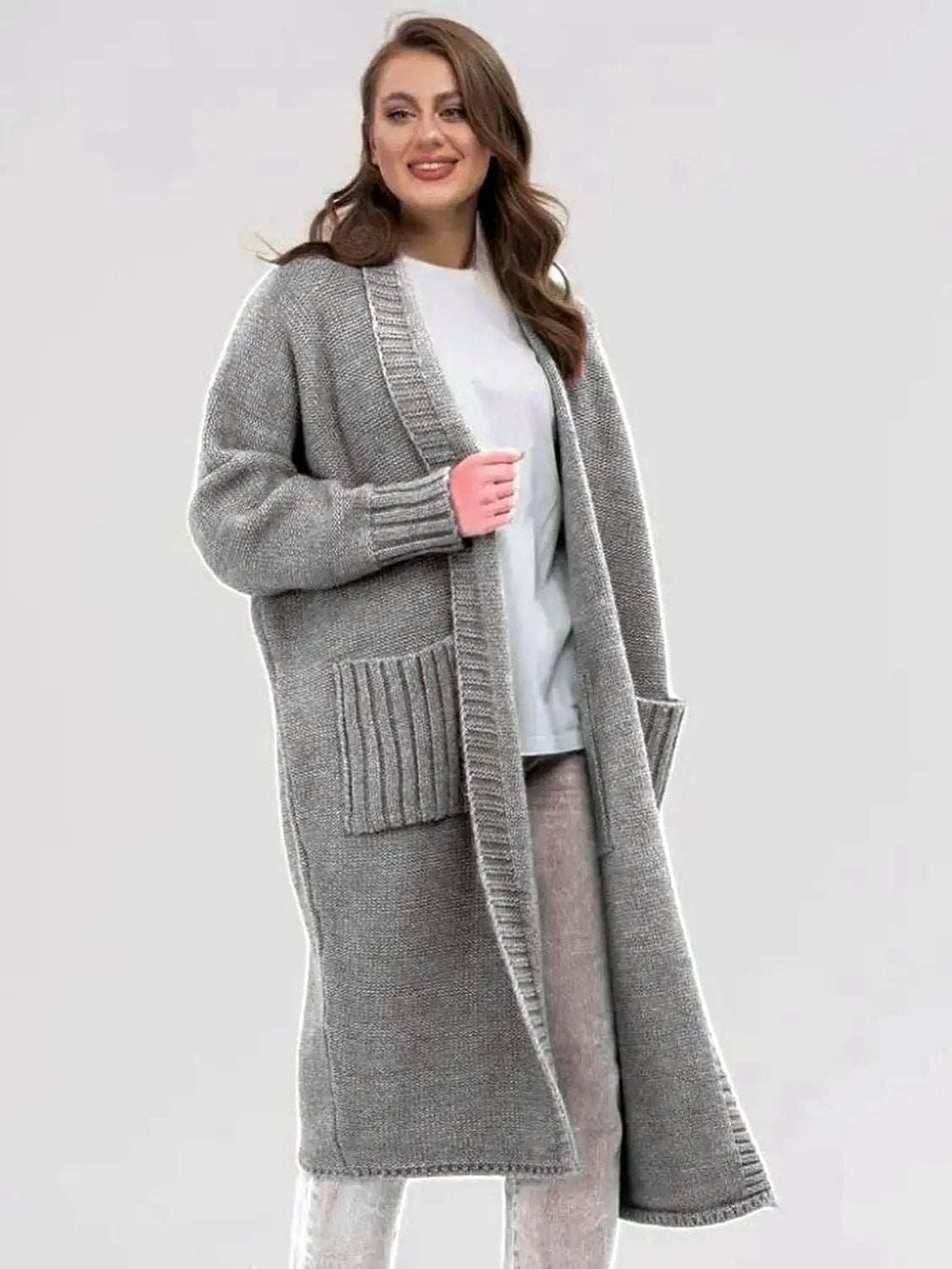 Pocketed Open Front Long Sleeve Longline Cardigan - Trendsi - Flyclothing LLC